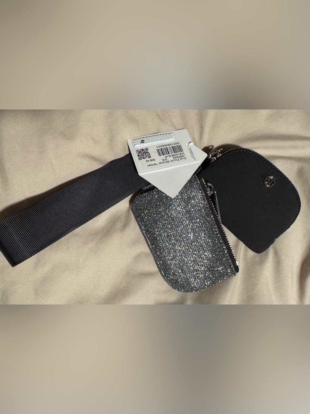 lululemon athletica Silver Glitter Wristlet Key Pouch with Black Strap